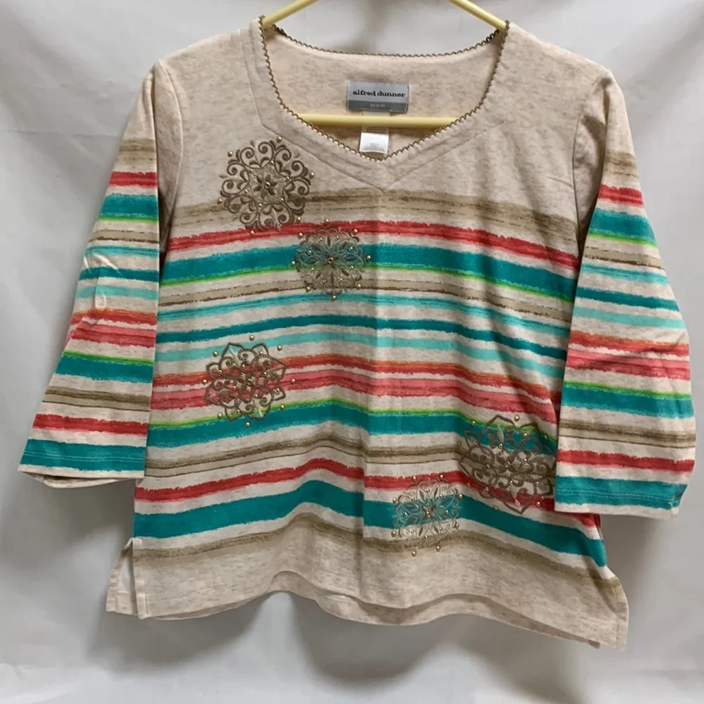 Alfred Dunner Multi-Color 3/4 Sleeve Cotton Blend Knit Top. PM - Picture 1 of 5